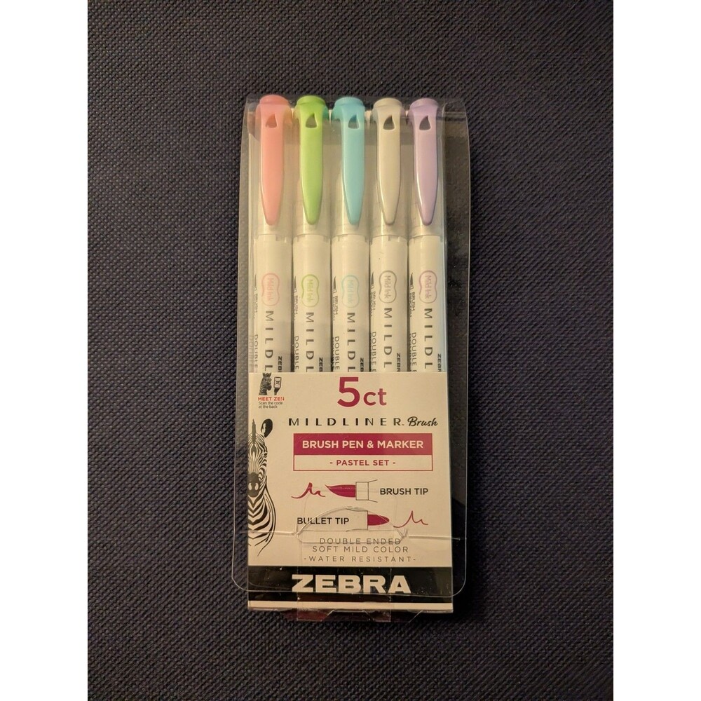 Zebra Mildliner Brush Pen & Marker Pastel Set 5 Count Double Ended NEW